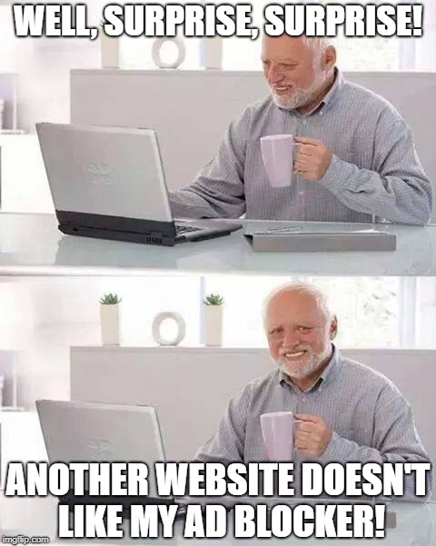 Hide the pain Harold | WELL, SURPRISE, SURPRISE! ANOTHER WEBSITE DOESN'T LIKE MY AD BLOCKER! | image tagged in hide the pain harold | made w/ Imgflip meme maker