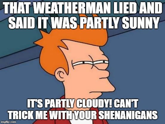 Futurama Fry | THAT WEATHERMAN LIED AND SAID IT WAS PARTLY SUNNY; IT'S PARTLY CLOUDY! CAN'T TRICK ME WITH YOUR SHENANIGANS | image tagged in memes,futurama fry | made w/ Imgflip meme maker