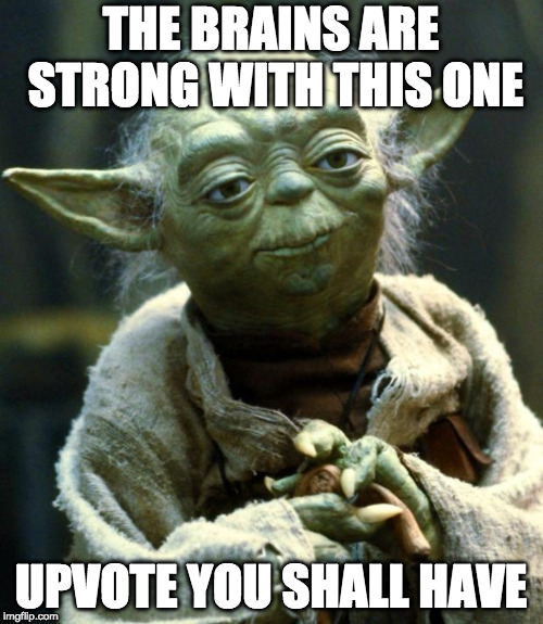 Star Wars Yoda Meme | THE BRAINS ARE STRONG WITH THIS ONE UPVOTE YOU SHALL HAVE | image tagged in memes,star wars yoda | made w/ Imgflip meme maker