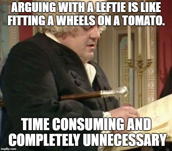 ARGUING WITH A LEFTIE IS LIKE FITTING A WHEELS ON A TOMATO. TIME CONSUMING AND COMPLETELY UNNECESSARY | image tagged in dr sam johnson | made w/ Imgflip meme maker