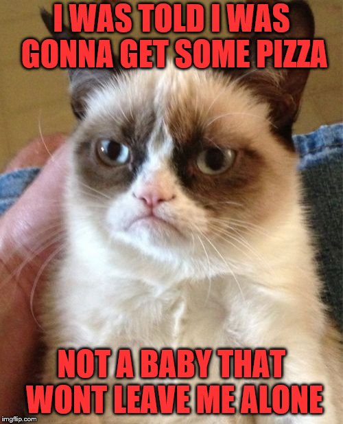 Grumpy Cat | I WAS TOLD I WAS GONNA GET SOME PIZZA; NOT A BABY THAT WONT LEAVE ME ALONE | image tagged in memes,grumpy cat | made w/ Imgflip meme maker