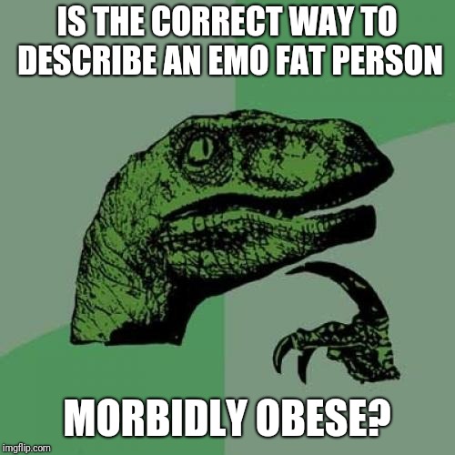 Philosoraptor | IS THE CORRECT WAY TO DESCRIBE AN EMO FAT PERSON; MORBIDLY OBESE? | image tagged in memes,philosoraptor | made w/ Imgflip meme maker