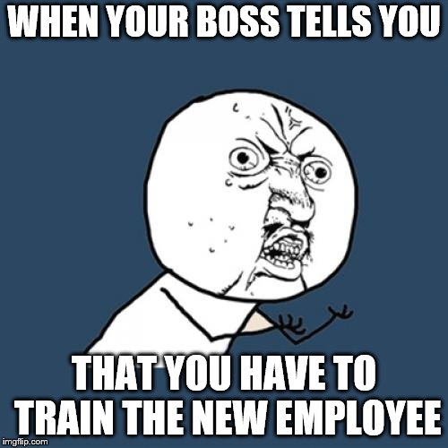 Y U No Meme | WHEN YOUR BOSS TELLS YOU; THAT YOU HAVE TO TRAIN THE NEW EMPLOYEE | image tagged in memes,y u no | made w/ Imgflip meme maker