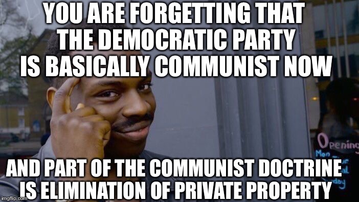 Roll Safe Think About It Meme | YOU ARE FORGETTING THAT THE DEMOCRATIC PARTY IS BASICALLY COMMUNIST NOW AND PART OF THE COMMUNIST DOCTRINE IS ELIMINATION OF PRIVATE PROPERT | image tagged in memes,roll safe think about it | made w/ Imgflip meme maker