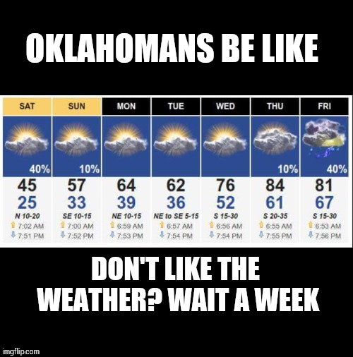 Oklahoma weather | OKLAHOMANS BE LIKE; DON'T LIKE THE WEATHER? WAIT A WEEK | image tagged in oklahoma,weather | made w/ Imgflip meme maker