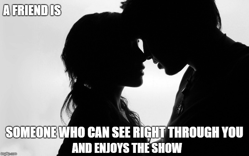 A Friend Is... | A FRIEND IS; SOMEONE WHO CAN SEE RIGHT THROUGH YOU; AND ENJOYS THE SHOW | image tagged in memes | made w/ Imgflip meme maker