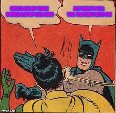 Batman Slapping Robin Meme | WHICH ONE OF THOSE WOMEN ARE MY REAL MOM; BOY DIDN'T I TELL YOU. YOU DONT HAVE ONE | image tagged in memes,batman slapping robin | made w/ Imgflip meme maker