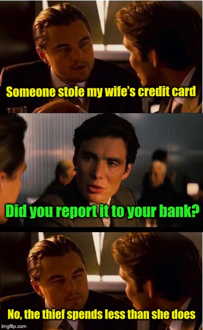 Funny money | Someone stole my wife’s credit card; Did you report it to your bank? No, the thief spends less than she does | image tagged in memes,inception,money,credit card,wife | made w/ Imgflip meme maker