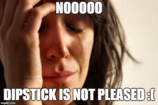 First World Problems Meme | NOOOOO DIPSTICK IS NOT PLEASED :( | image tagged in memes,first world problems | made w/ Imgflip meme maker