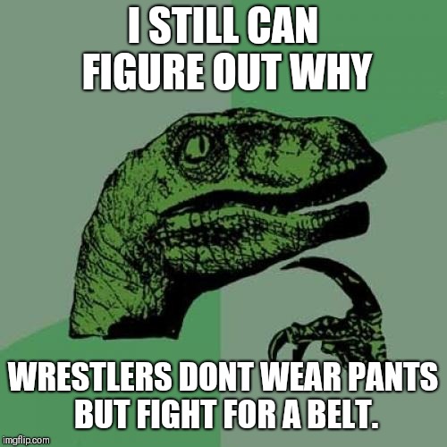 Philosoraptor Meme |  I STILL CAN FIGURE OUT WHY; WRESTLERS DONT WEAR PANTS BUT FIGHT FOR A BELT. | image tagged in memes,philosoraptor | made w/ Imgflip meme maker