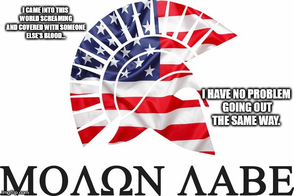 Molon Labe  | I CAME INTO THIS WORLD SCREAMING AND COVERED WITH SOMEONE ELSE'S BLOOD... I HAVE NO PROBLEM GOING OUT THE SAME WAY. | image tagged in america,freedom,gun control | made w/ Imgflip meme maker