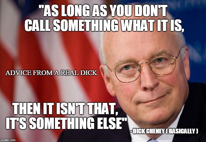 dick | "AS LONG AS YOU DON'T CALL SOMETHING WHAT IT IS, ADVICE FROM A REAL DICK; THEN IT ISN'T THAT, IT'S SOMETHING ELSE"; - DICK CHENEY ( BASICALLY ) | image tagged in dick | made w/ Imgflip meme maker