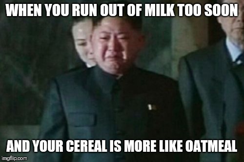 Kim Jong Un Sad | WHEN YOU RUN OUT OF MILK TOO SOON; AND YOUR CEREAL IS MORE LIKE OATMEAL | image tagged in memes,kim jong un sad | made w/ Imgflip meme maker