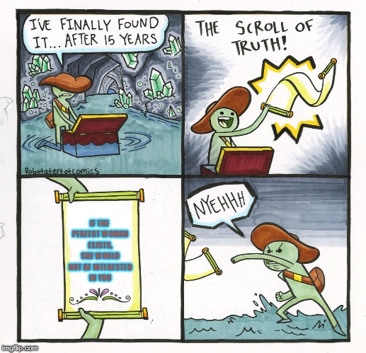The Scroll Of Truth Meme | IF THE PERFECT WOMAN EXISTS, SHE WOULD NOT BE INTERESTED IN YOU | image tagged in memes,the scroll of truth | made w/ Imgflip meme maker