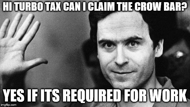 ted bundy greeting | HI TURBO TAX CAN I CLAIM THE CROW BAR? YES IF ITS REQUIRED FOR WORK | image tagged in ted bundy greeting | made w/ Imgflip meme maker
