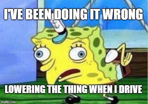 Mocking Spongebob Meme | I'VE BEEN DOING IT WRONG LOWERING THE THING WHEN I DRIVE | image tagged in memes,mocking spongebob | made w/ Imgflip meme maker