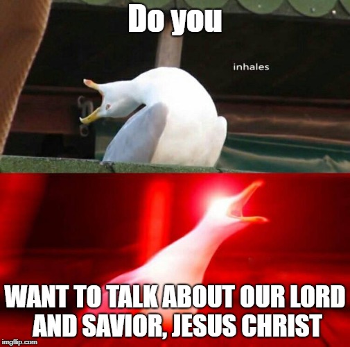 Hello sir, | Do you; WANT TO TALK ABOUT OUR LORD AND SAVIOR, JESUS CHRIST | image tagged in inhaling seagull | made w/ Imgflip meme maker