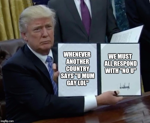 Trump Bill Signing Meme | WHENEVER ANOTHER COUNTRY SAYS "U MUM GAY LOL"; WE MUST ALL RESPOND WITH "NO U" | image tagged in memes,trump bill signing | made w/ Imgflip meme maker
