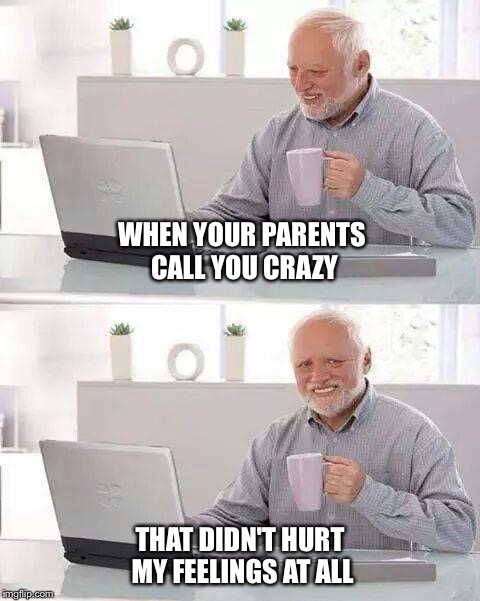 Hide the Pain Harold Meme | WHEN YOUR PARENTS CALL YOU CRAZY; THAT DIDN'T HURT MY FEELINGS AT ALL | image tagged in memes,hide the pain harold | made w/ Imgflip meme maker