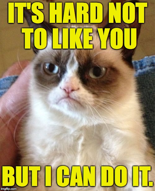 Grumpy Cat Meme | IT'S HARD NOT TO LIKE YOU; BUT I CAN DO IT. | image tagged in memes,grumpy cat,you and me | made w/ Imgflip meme maker