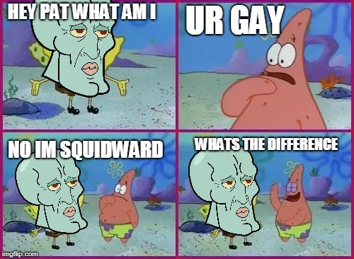Texas Spongebob | UR GAY; HEY PAT WHAT AM I; WHATS THE DIFFERENCE; NO IM SQUIDWARD | image tagged in texas spongebob | made w/ Imgflip meme maker