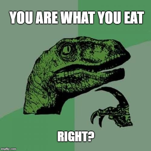 Philosoraptor Meme | YOU ARE WHAT YOU EAT; RIGHT? | image tagged in memes,philosoraptor | made w/ Imgflip meme maker