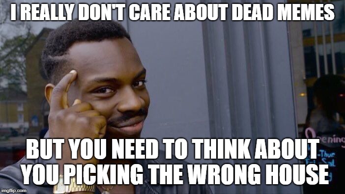 Roll Safe Think About It | I REALLY DON'T CARE ABOUT DEAD MEMES; BUT YOU NEED TO THINK ABOUT YOU PICKING THE WRONG HOUSE | image tagged in memes,roll safe think about it | made w/ Imgflip meme maker