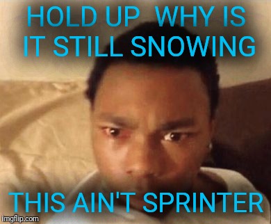 Spring/winter | HOLD UP 
WHY IS IT STILL SNOWING; THIS AIN'T SPRINTER | image tagged in suspicious wake up | made w/ Imgflip meme maker