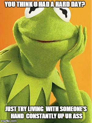 Kermit the frog | YOU THINK U HAD A HARD DAY? JUST TRY LIVING  WITH SOMEONE'S HAND  CONSTANTLY UP UR ASS | image tagged in kermit the frog | made w/ Imgflip meme maker