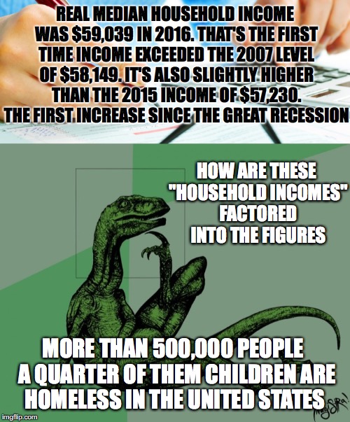 Homeless "Incomes" | REAL MEDIAN HOUSEHOLD INCOME WAS $59,039 IN 2016. THAT'S THE FIRST TIME INCOME EXCEEDED THE 2007 LEVEL OF $58,149. IT'S ALSO SLIGHTLY HIGHER THAN THE 2015 INCOME OF $57,230. THE FIRST INCREASE SINCE THE GREAT RECESSION; HOW ARE THESE "HOUSEHOLD INCOMES" FACTORED INTO THE FIGURES; MORE THAN 500,000 PEOPLE  A QUARTER OF THEM CHILDREN ARE HOMELESS IN THE UNITED STATES | image tagged in household income,median income,great recession,philosoraptor,homelessness,income inequality | made w/ Imgflip meme maker