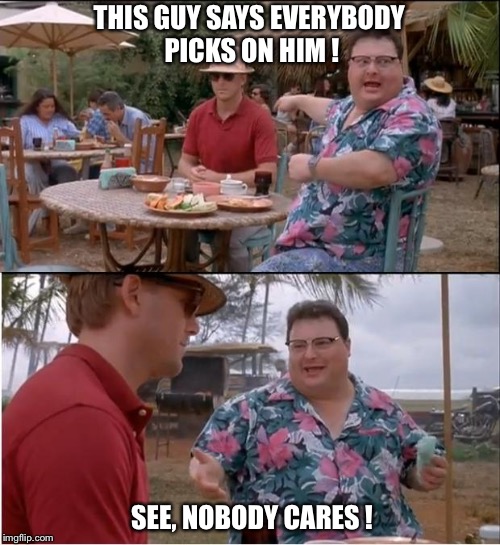 Picking on him | THIS GUY SAYS EVERYBODY PICKS ON HIM ! SEE, NOBODY CARES ! | image tagged in memes,see nobody cares | made w/ Imgflip meme maker
