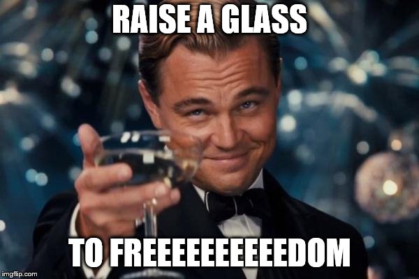 RAISE A GLASS TO FREEEEEEEEEEDOM  | RAISE A GLASS; TO FREEEEEEEEEEDOM | image tagged in memes,leonardo dicaprio cheers | made w/ Imgflip meme maker