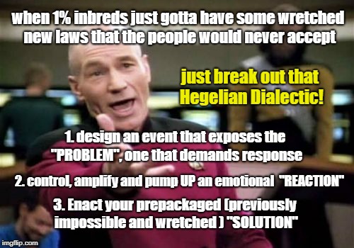 Hegelian fun! | when 1% inbreds just gotta have some wretched new laws that the people would never accept; just break out that Hegelian Dialectic! 1. design an event that exposes the "PROBLEM", one that demands response; 2. control, amplify and pump UP an emotional  "REACTION"; 3. Enact your prepackaged (previously  impossible and wretched ) "SOLUTION" | image tagged in memes,dialectic,manipulation | made w/ Imgflip meme maker