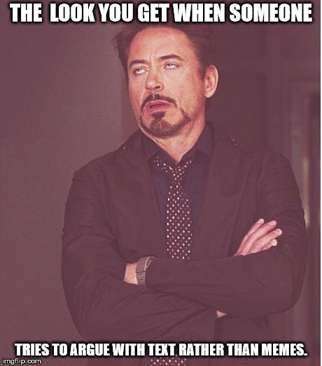 Face You Make Robert Downey Jr | THE  LOOK YOU GET WHEN SOMEONE; TRIES TO ARGUE WITH TEXT RATHER THAN MEMES. | image tagged in memes,face you make robert downey jr | made w/ Imgflip meme maker