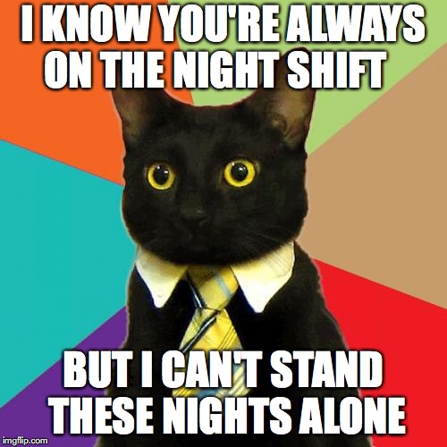 Work Work Work Work | I KNOW YOU'RE ALWAYS ON THE NIGHT SHIFT; BUT I CAN'T STAND THESE NIGHTS ALONE | image tagged in memes,business cat,work,lonely,sadness,wahhh | made w/ Imgflip meme maker