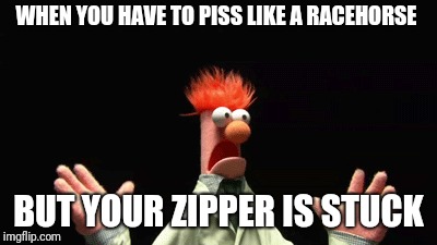 Beaker has to pee | WHEN YOU HAVE TO PISS LIKE A RACEHORSE; BUT YOUR ZIPPER IS STUCK | image tagged in pee,piss,panic | made w/ Imgflip meme maker