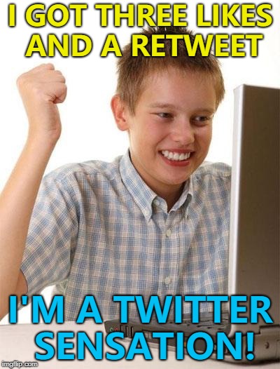 Next stop: YouTube :) | I GOT THREE LIKES AND A RETWEET; I'M A TWITTER SENSATION! | image tagged in memes,first day on the internet kid,twitter | made w/ Imgflip meme maker