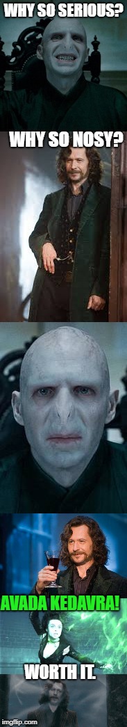 The REAL Sirius was killed. | WHY SO SERIOUS? WHY SO NOSY? AVADA KEDAVRA! WORTH IT. | image tagged in voldemort grin,sirius grin,voldemort frown,sirius cheers,bellatrix mad,sirius falls into veil | made w/ Imgflip meme maker