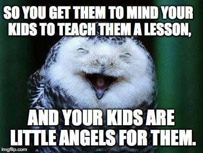 SO YOU GET THEM TO MIND YOUR KIDS TO TEACH THEM A LESSON, AND YOUR KIDS ARE LITTLE ANGELS FOR THEM. | made w/ Imgflip meme maker