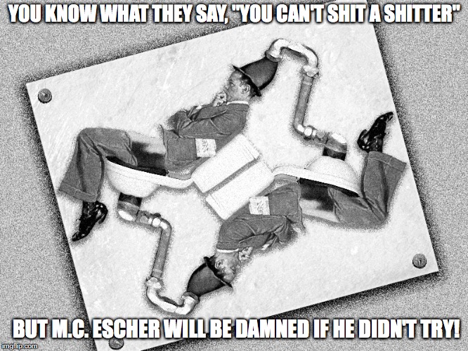 Shitter Paradox | YOU KNOW WHAT THEY SAY, "YOU CAN'T SHIT A SHITTER"; BUT M.C. ESCHER WILL BE DAMNED IF HE DIDN'T TRY! | image tagged in paradox,memes | made w/ Imgflip meme maker