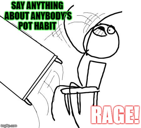 Table Flip Guy Meme | SAY ANYTHING ABOUT ANYBODY'S POT HABIT; RAGE! | image tagged in memes,table flip guy | made w/ Imgflip meme maker