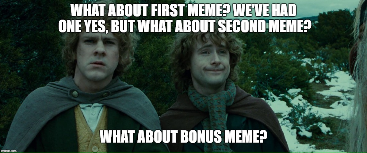 Lord of the Rings LOTR Elevenses | WHAT ABOUT FIRST MEME? WE'VE HAD ONE YES, BUT WHAT ABOUT SECOND MEME? WHAT ABOUT BONUS MEME? | image tagged in lord of the rings lotr elevenses,PewdiepieSubmissions | made w/ Imgflip meme maker