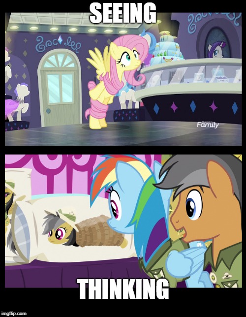 Seeing and Thinking (the difference) | SEEING; THINKING | image tagged in mlp,fluttershy | made w/ Imgflip meme maker