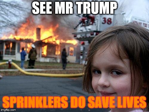 Disaster Girl Meme | SEE MR TRUMP; SPRINKLERS DO SAVE LIVES | image tagged in memes,disaster girl | made w/ Imgflip meme maker