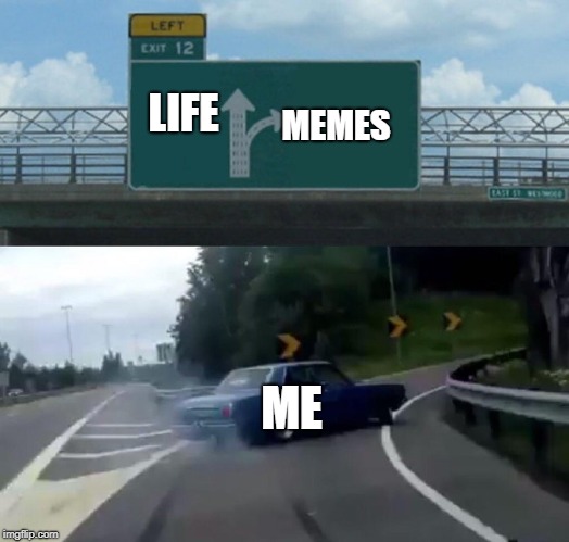 Left Exit 12 Off Ramp Meme | MEMES; LIFE; ME | image tagged in memes,left exit 12 off ramp | made w/ Imgflip meme maker