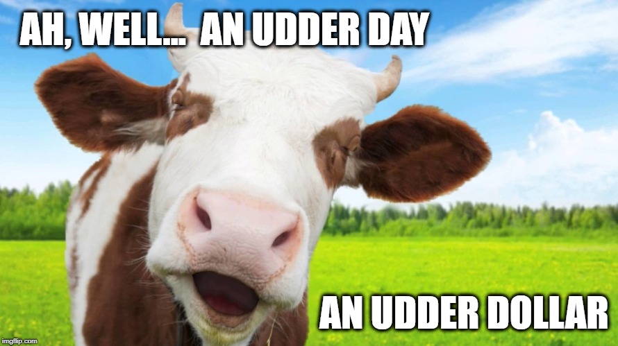 No worries | AH, WELL...  AN UDDER DAY; AN UDDER DOLLAR | image tagged in funny,cow,muse,memes | made w/ Imgflip meme maker
