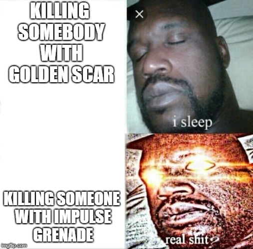 Sleeping Shaq Meme | KILLING SOMEBODY WITH GOLDEN SCAR; KILLING SOMEONE WITH IMPULSE GRENADE | image tagged in memes,sleeping shaq | made w/ Imgflip meme maker