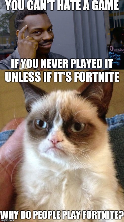 YOU CAN'T HATE A GAME; IF YOU NEVER PLAYED IT; UNLESS IF IT'S FORTNITE; WHY DO PEOPLE PLAY FORTNITE? | image tagged in grumpy cat,roll safe think about it,fortnite,memes | made w/ Imgflip meme maker