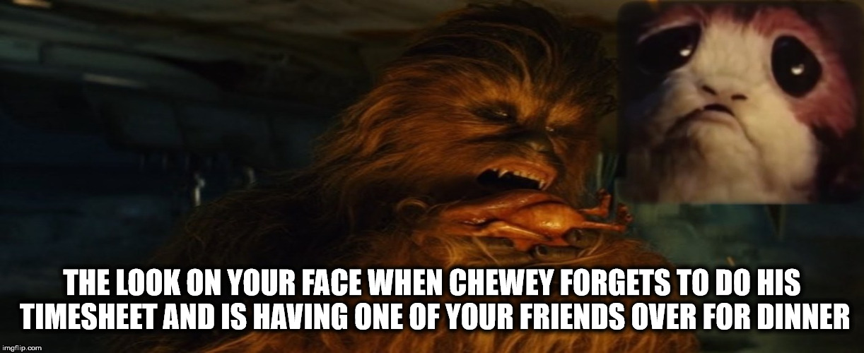 Pulled Porg The Other White Meat | THE LOOK ON YOUR FACE WHEN CHEWEY FORGETS TO DO HIS TIMESHEET AND IS HAVING ONE OF YOUR FRIENDS OVER FOR DINNER | image tagged in timesheet reminder,timesheet meme,chewbacca,star wars porg,porg the other white meat,pulled porg | made w/ Imgflip meme maker