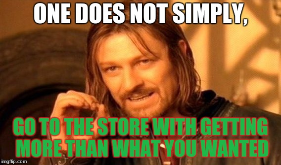Going to the Store | ONE DOES NOT SIMPLY, GO TO THE STORE WITH GETTING MORE THAN WHAT YOU WANTED | image tagged in memes,one does not simply,funny,go to the store,more than what you wanted | made w/ Imgflip meme maker